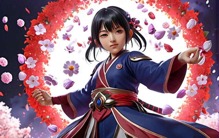 A strategic Eternal Return player skillfully using character Yuki's support skills ("Q - Blossom," "W - Scattering," "E - Petal Scatter") to heal allies, slow enemies, and obscure vision in a team fight, optimizing skill combos for maximum efficiency.