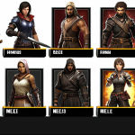 A player character selection screen in Eternal Return, showcasing a diverse cast of characters with various weapons and skills. The scene emphasizes choosing a character based on preferred playstyle (melee, ranged, assassin). Include UI elements suggesting practice mode and community resources.