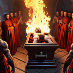 A buffed Isol triumphantly emerging from a coffin, surrounded by flames and happy Eternal Return players.