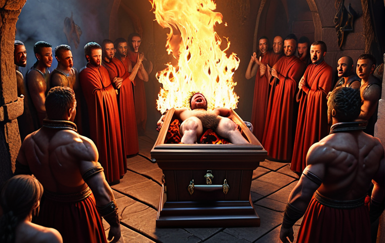 A buffed Isol triumphantly emerging from a coffin, surrounded by flames and happy Eternal Return players.
