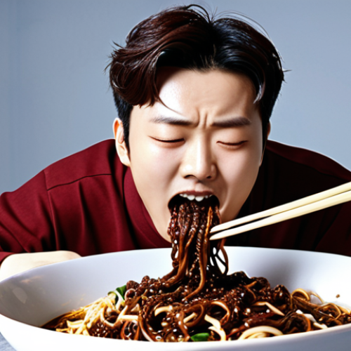 **

"Hyunwoo, a character from Eternal Return, humorously struggling to eat Jajangmyeon (black bean noodles), creating a comical scene with noodles flying."

**