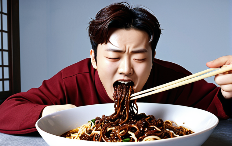 **
"Hyunwoo, a character from Eternal Return, humorously struggling to eat Jajangmyeon (black bean noodles), creating a comical scene with noodles flying."
**